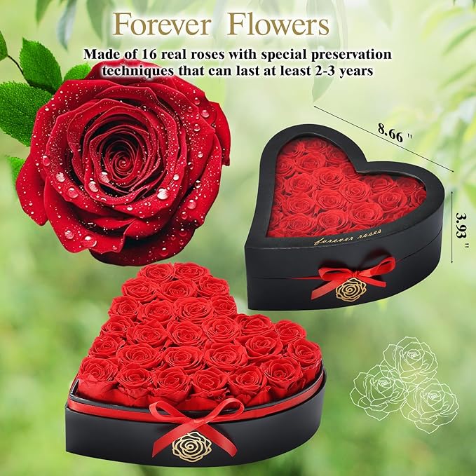 HERBMOTG 27 Forever Real Roses in Heart-Shaped Box with a Curved Design, Grade A Quality-Preserved Roses for Birthday, Mothers Day & Valentines Day (Red)