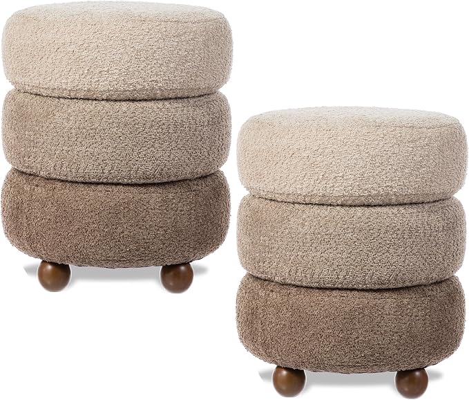 Glitzhome Round Ottoman with Storage Set of 2 Vanity Stool Foot Rest with Removable Lid Modern Upholstered Velvet Storage Ottoman Stool for Living Room and Dorm, Gradient Brown