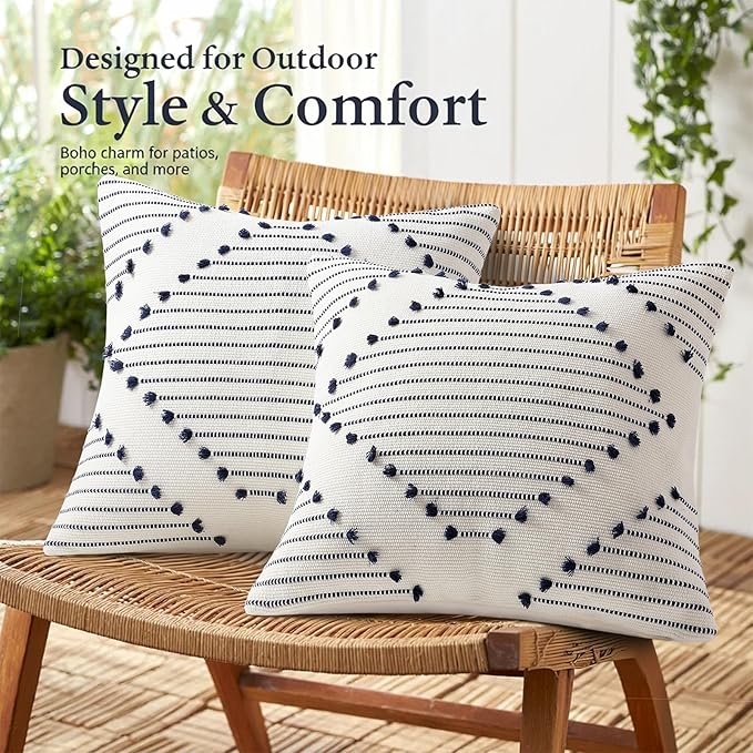 Mecatny Boho Outdoor Throw Pillow Covers 20X20 Set of 2, Farmhouse Decorative Pillow Covers for Couch Sofa Living Room, Navy & Cream White