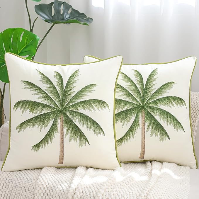 Tropical Palm Tree Pillow Covers 18x18 inch Pack of 2 Boho Embroidered Throw Pillow Covers Farmhouse Cushions Cases Square Pillowcases Spring Summer Home Decor
