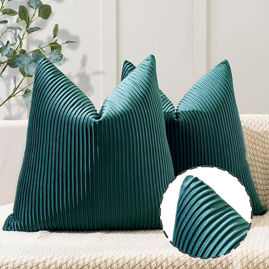 YCOLL Teal Pillow Covers 24x24 Set of 2 Velvet Striped Pattern - Soft Throw Pillows for Home Decor, Luxury Decorative Pillow Covers for Couch, Bed,Living Room