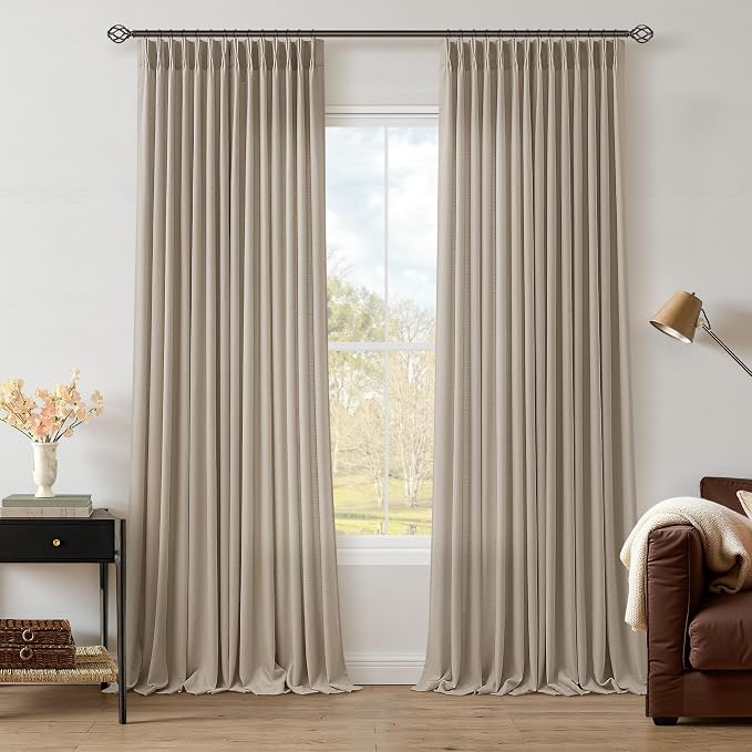 Pleated Linen Curtains 96 Inch Long 2 Panels for Living Room Bedroom Neutral Farmhouse Semi Sheer Back Tab Pinch Pleat Ceiling to Floor Length Drapes Taupe Sliding Door Office 8 FT Burlywood Birch