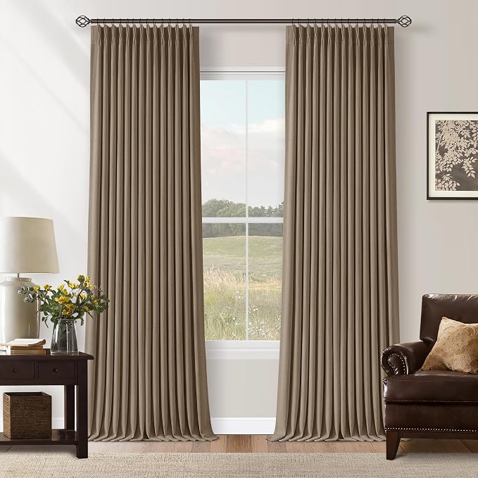 Light Brown Memory Trained Pinch Pleated Bedroom Blackout Curtains 108 Inches Long 2 Panels Set Double Layer Linen Soundproof Thermal Elegent Windows Curtain Drapes for Living Room 9 FT Length