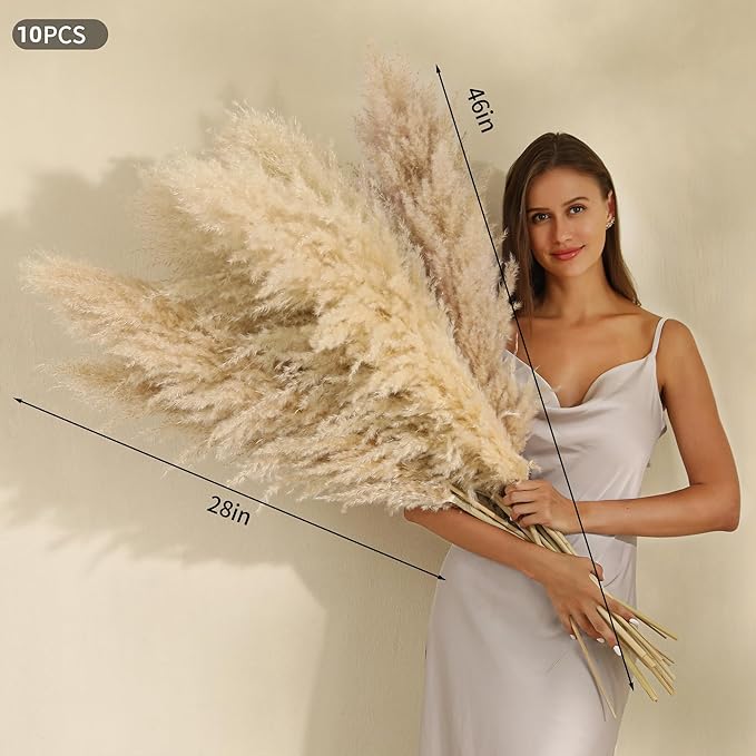 Wertuirk 10 Stems 46 inch Tall Pampas Grass Decor - Large Fluffy Dried Pompas Grass for Floor Vase - Rustic Wedding, Baby Shower, Party, Farmhouse, Boho Home Decor