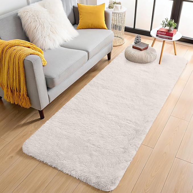 OLANLY 3x11 Machine Washable Runner Rugs for Hallway, Soft Fluffy Shaggy Bedside Rugs for Bedroom, Living Room, Indoor Floor Carpet for Kids Girls and Boys, Nursery Rooms, Home Decor Aesthetic, Ivory