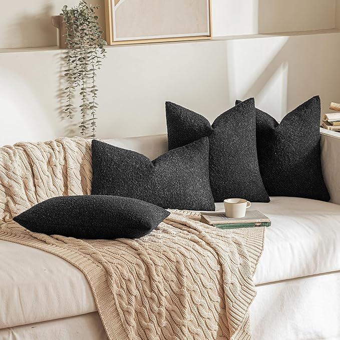 MIULEE 20x20 Inch Decorative Pillow Covers for Couch Bed Set of 2 Textured Boucle Neutral Throw Pillow Covers Black Accent Solid Pillowcases Sofa Living Room Home Decor