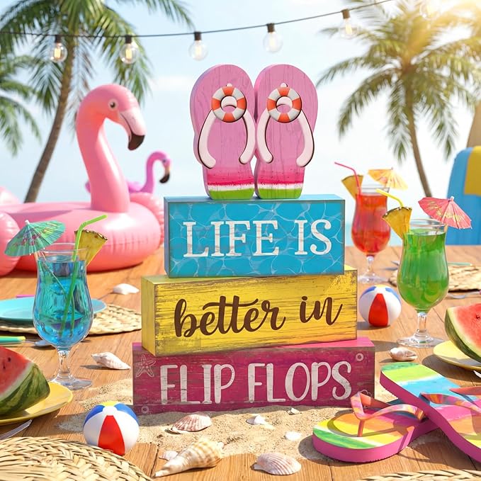Yuntau 4 Pcs Summer Decorations for Office Hawaii Table Decorations Wooden Sign Flip Flops Table Centerpiece Summer Tiered Tray Decor Decorative Faux Book Stack Block for Coffee Mantel Floating Shelf