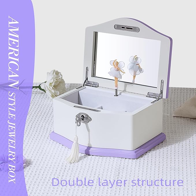 Musical Jewelry Box-Medium Ballerina Musical Chest with Mirror for Girls,Jewelry Storage,Swan Lake Tune, Gift for Christmas,Birthday,New Year and All Holidays- (white/purple)