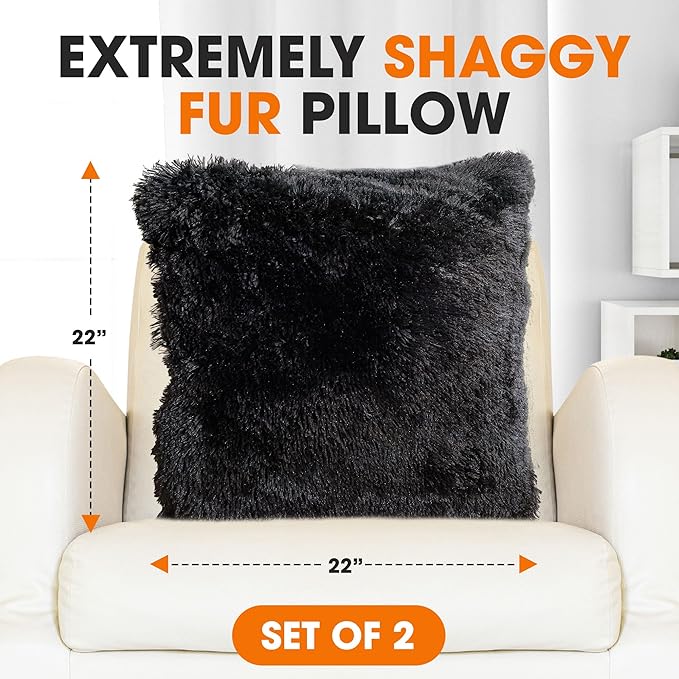 Cheer Collection Throw Pillows for Couch and Bed, Soft Shaggy Throw Pillows with Inserts Included, Cozy Long Hair Faux Fur Pillows - Set of 2-22" x 22" Black