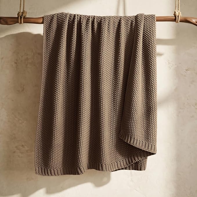 EverGrace Organic Cotton Chunky Knit Throw Blanket, 50 x 60 Stone Taupe | OCS Certified Organic Cotton, Seed Stitch Knit, Soft & Breathable, Cozy Midweight, Decorative Throw for Couch, Bed & Sofa