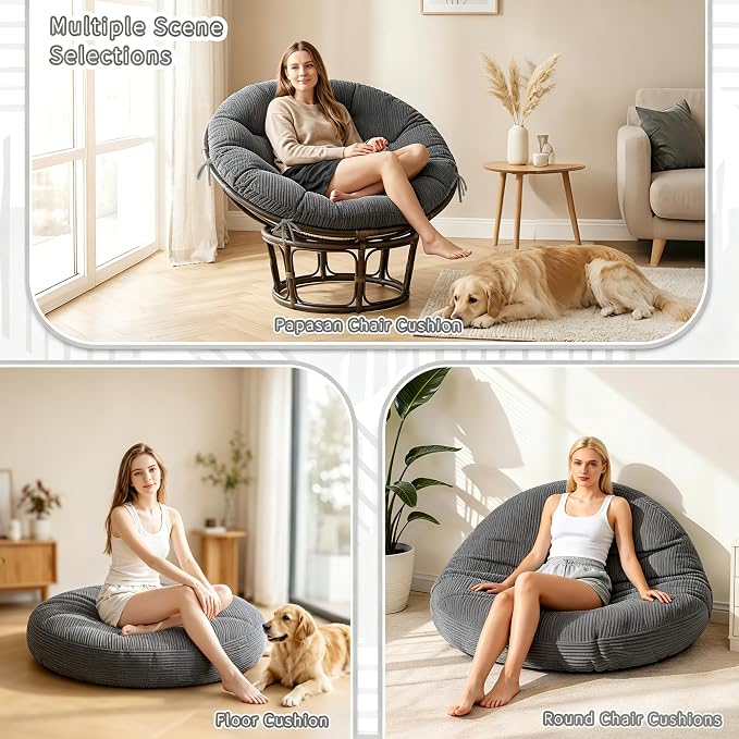 Papasan Breathable Round Chair Cushion (Without Chair) with Detachable Corduroy Cover,48 x 48 x 6 Inch Oversized Round Chair Pad Supportive Cushion, Overstuffed Chair Cushion,Memory Foam Filling,Grey