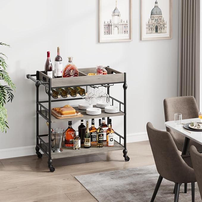 IDEALHOUSE Bar Cart, Bar Carts for the Home, 3 Tier Bar Cart with Wheels, Portable Home Bar & Serving Carts, Rolling Cart with Wine Rack and Removable Tray for Living Room, Kitchen, Dining Room