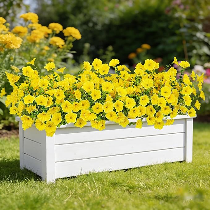 Ouddy Decor 24 Bundles Artificial Flowers for Outdoors, Fake Petunias Flowers Silk Morning Glory with Eucalyptus Faux Plants for Indoor Outside Spring Summer Yard Garden Porch Home Decor, Yellow