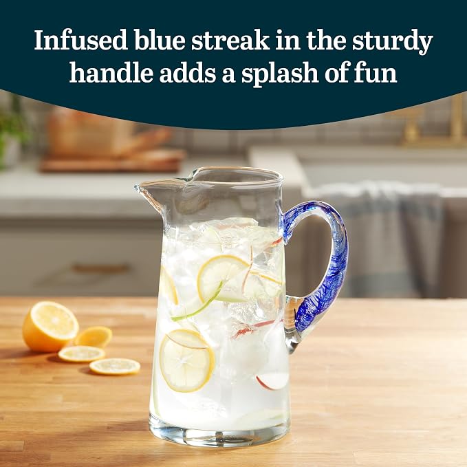 Libbey Cabos Glass Water Pitcher, 90 Oz Handcrafted Drink Pitchers with Spout and Blue Handle, Artisan-Inspired Glass Water Jar for Tables, Kitchen