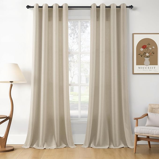 Eggshell Beige Linen Curtains 90 Inches Long for Living Room Light Filtering Semi Sheer Grommet Top Curtain Luxury Neutral Modern Farmhouse Sheer Privacy Drapes for Bedroom Dinner Room 52x90, 2 Panel