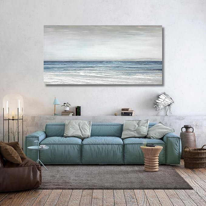 TRAIN2 ART Abstract Wall Art Painting Wall Decor Large Artwork Textured Blue and White Sea Background Canvas Wall Art for Living Room Bedroom Home Decor 24"x48"