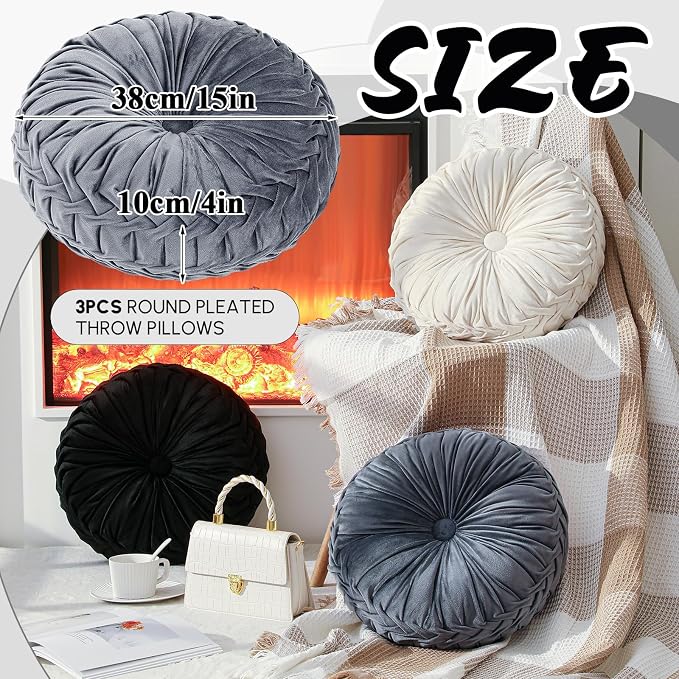 Drydiet 3 Pcs Round Throw Velvet Pillows Decorative Pleated Throw Pillows Diameter Accent Pumpkin Boho Chair Cushion for Couch Sofa Home Decoration (Black,White,Gray,15'')