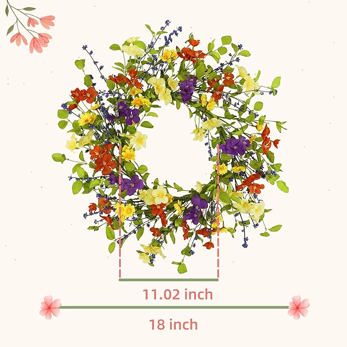YNYLCHMX 18" Spring Summer Wreaths for Front Door, Artificial Floral Wreath with Colorful Wild Flowers Dicotyledons Berries, Green Foliage Wreath for Wall Window Farmhouse Party Holiday Home Decor