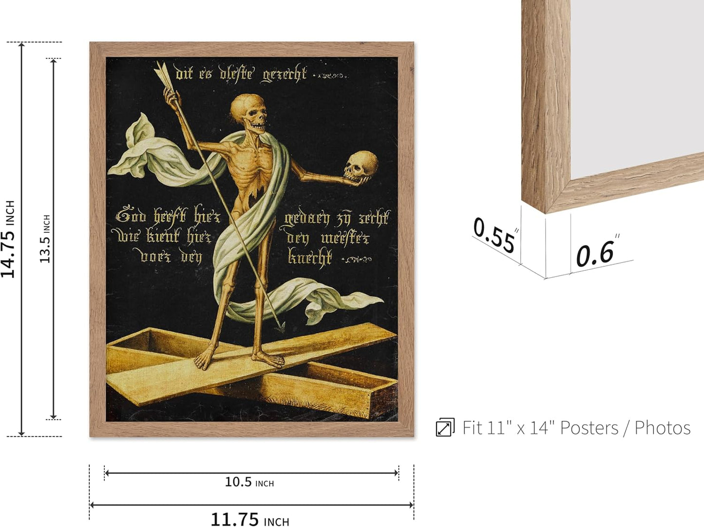 Poster Master Vintage Medieval Poster - Retro Gothic Print - Gift for Artist, Friend - Allegory of Life and Death, Skeleton, Dark, Skull - Wall Decor for Home, Living Room, 11x14 Beige Framed