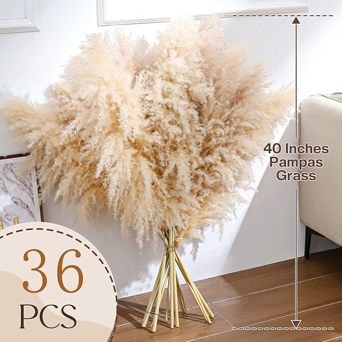 Pasuvsigt 40" inch 36 Stems Natural Pampas Grass Decor Tall, Boho Home Decor,Pompas Grass, Dried Tall Pampas Grass for Wedding Floral Arrangements, Farmhouse,Party