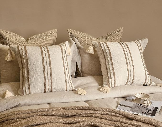 Cream Boho Decorative Throw Pillow Cover 20x20 | Modern Farmhouse Square Pillows Cushion Cover for Couch Bed Living Room Accent