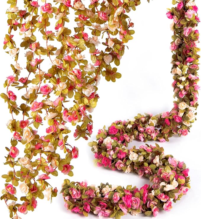 PONKING 8 Pcs x 8.2 ft Flower Garland Artificial Rose Vine Flowers with Green Leaves Hanging Fake Roses Vine for Room Party Home Wedding Birthday Christmas Wall Arch Decor, Champagne Pink Flower