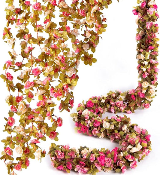 PONKING 8 Pcs x 8.2 ft Flower Garland Artificial Rose Vine Flowers with Green Leaves Hanging Fake Roses Vine for Room Party Home Wedding Birthday Christmas Wall Arch Decor, Champagne Pink Flower