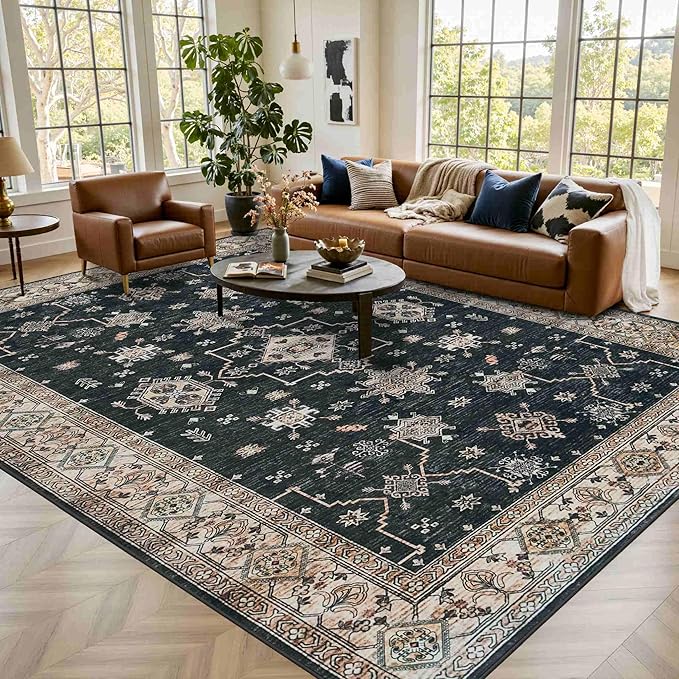 Rugxara 8x10 Area Rugs for Living Room, Large Washable Rug, Black Vintage Boho Rug, Non Slip & Low Pile Faux Wool Carpet for Indoor Dining Room, Bedroom and Farmhouse(Black 8x10ft)