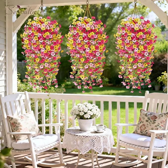 Serwalin 6PCS Artificial Hanging Flowers for Outdoors, UV Resistant Fake Hanging Plants, Realistic Weatherproof Outdoor Decor for Patio, Porch, Garden & Window (Yellow, Hot Pink & Pink,6PCS)