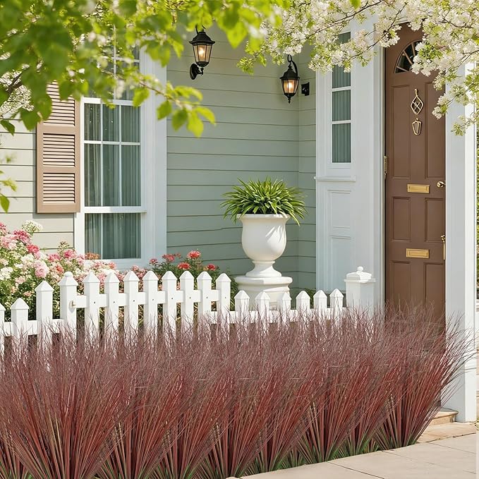24 Bundles Red Artificial Plants Onion Grass Outdoor 20 Inch Fake Shrubs Wheat Grass UV Resistant Autumn Greenery Stems Faux Bushes Plant for Indoor Home Farmhouse Summer Decor