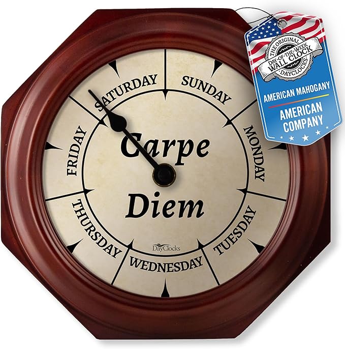 Classic “Carpe Diem” Day of The Week Wall Clock - 10" Solid Mahogany Wood Frame, Ideal Retirement Gift for Men and Women, Day Clock for Seniors and Retirees