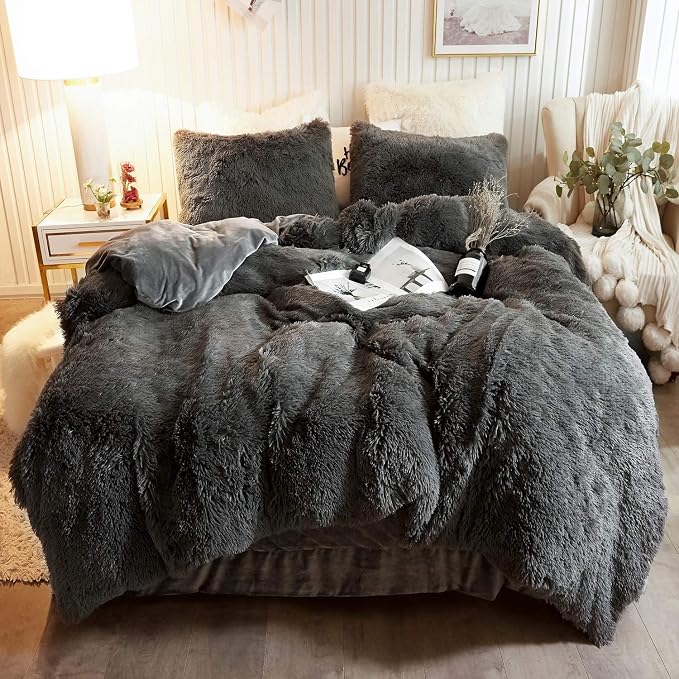 XeGe Plush Shaggy Duvet Cover Set, Luxury Ultra Soft Crystal Velvet Fluffy Bedding Sets 3 Pieces(1 Furry Faux Fur Comforter Cover + 2 Fuzzy Faux Fur Pillowcases), Zipper Closure(King, Dark Gray)