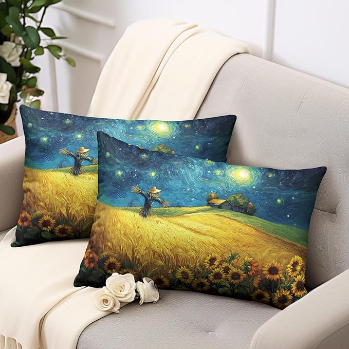 Fall Lumbar Throw Pillow Covers 12x20 Set of 2 Autumn Sunflower Wheat Field Harvest Pillow Covers Scarecrow Under Van Gogh Starry Night Rectangular Pillowcase for Home Decor Couch