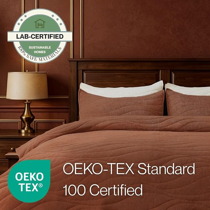 DOWN HOME Crinkle Textured Velvet Quilt Set with Shams, All-Season Luxury Modern Bedding,Easy Care Comforter,Ultra-Soft,Lightweight & Breathable, King, Rosewood Brown