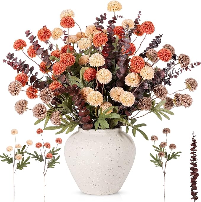 Hoteam 36 Pcs Artificial Chrysanthemum Flowers Bouquet with Dried Eucalyptus Leaves 15 Stems Fake Mums 21 Stems Preserved Eucalyptus for Vase Home Decor Wedding Centerpieces (Burnt Orange)
