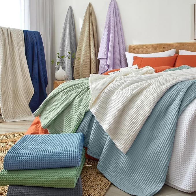 PHF Pre-Washed 100% Cotton Waffle Weave Blanket Queen Size for Bed,Snag Proof Throw Blanket for Couch Spring Summer Lightweight Breathable,Machine Washable, Home Decor Gift - Dusty Blue