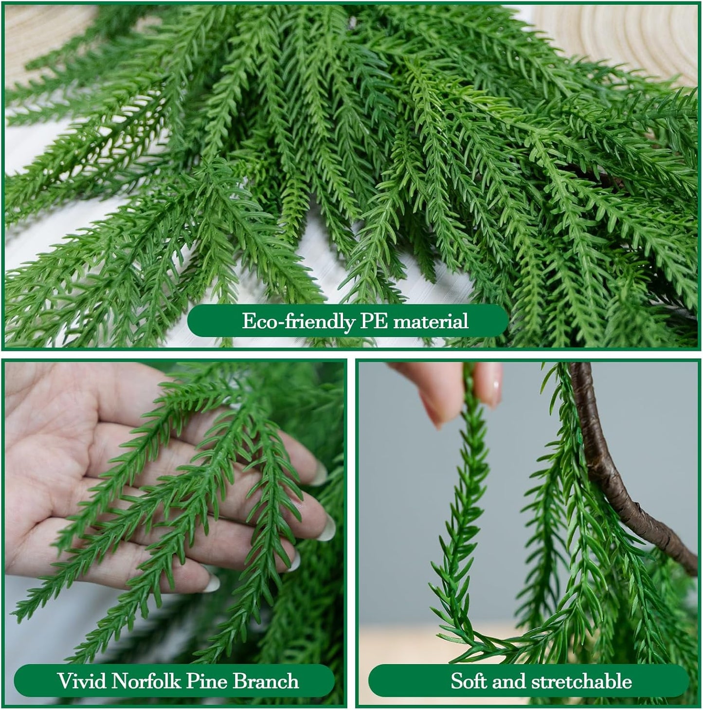 2Pcs 6FT Artificial Norfolk Pine Garlands, Real Touch Winter Christmas Pine Tree Wreath, Green Artificial Greenery Garland for Christmas Holiday Seasonal Indoor Home Decor Mantle