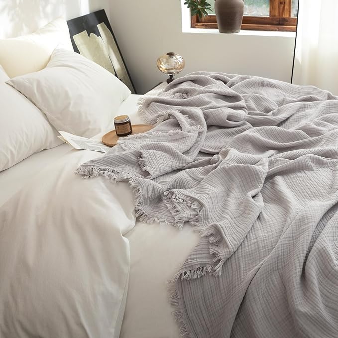 FOSSA Muslin Blanket 4-Layer 100% Cotton Gauze Blanket with Fringe 108"x98" | Super Soft Breathable Lightweight All Season & Decorative Blanket or Bed, Sofa, Office (Grayish,Super King)