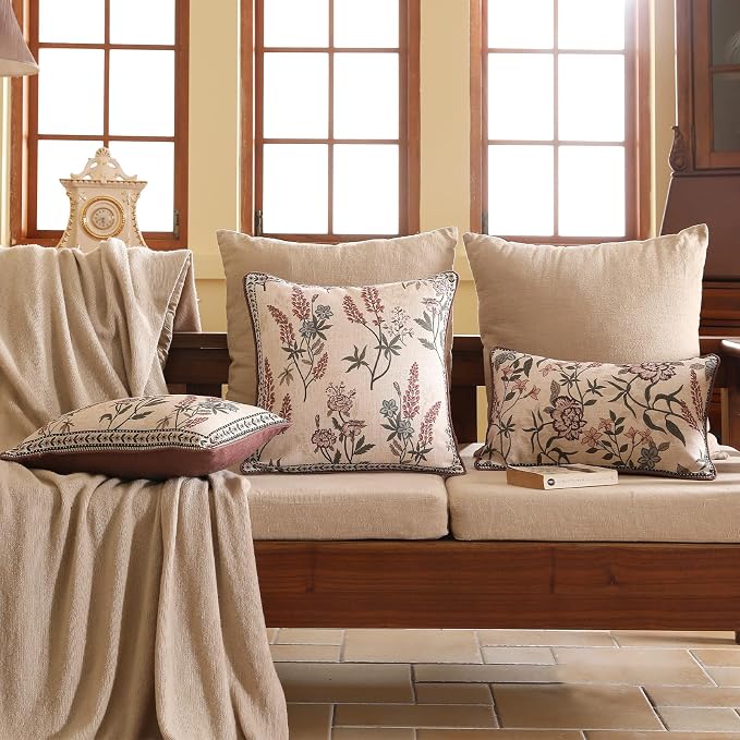 ISAENNE Designer Vintage Linen Throw Pillow Cover,20"x12"-Helena B | Elegant French Rectangle Pillow Cover,Concealed Zipper Design,Floral Pattern,Sofas,Bedroom,Living Room,Lounge Chairs