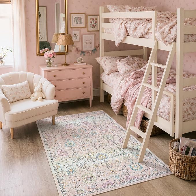 Lahome Girls Bedroom Pink Rug 3x5, Soft Washable Floral Area Rug with Non Slip Backing, Small Light Pink Carpet for Dorm Room, Nursery and Kids Room
