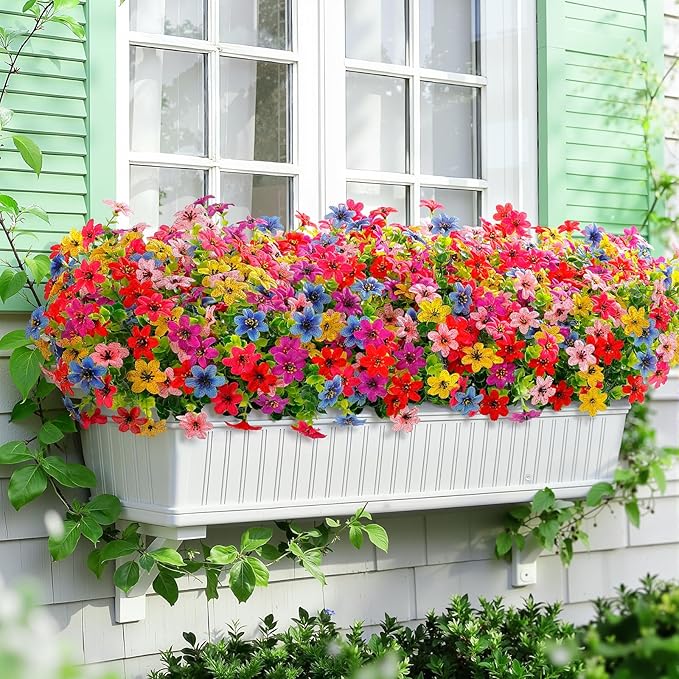 SHareconn 24 Bundles Artificial Flowers for Outdoors Spring Decoration, Fake Silk Realistic Faux Plants UV Resistant for Outside Planter Porch Patio Summer Indoor Decor, RedRosePurpleYellowPinkBlue