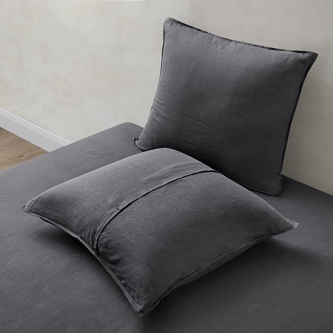 ATLINIA 100% Linen Pillowcases Set of 2, Euro Size 26" x 26" Pillow Case, Linen Pillow Sham Dark Grey