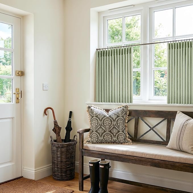 Sage Green Short Pinch Pleated Curtains 24 Inch 2 Panels Boho Country Light Filtering Linen Blend Small Window Curtain for Kitchen Dining Room Semi Sheer Privacy Flax Linen Pleat Drapes 40x24