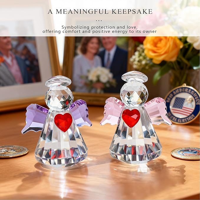HDCRYSTALGIFTS Set 2 Crystal Guardian Angel Figurines Collectibles,2.5'' Glass Angel Ornaments for Galentines/Valentine’s Day Home Dollhouse Statues Decor Gifts for Women