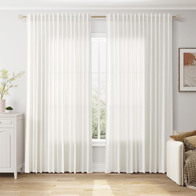 Nanspring Extra Wide 100x108 Inch Linen Curtains for Living Room Divider Light Filtering Semi Sheer Curtains for Sliding Door Beige White Coastal Decor Floor to Ceiling Window Curtain Panel