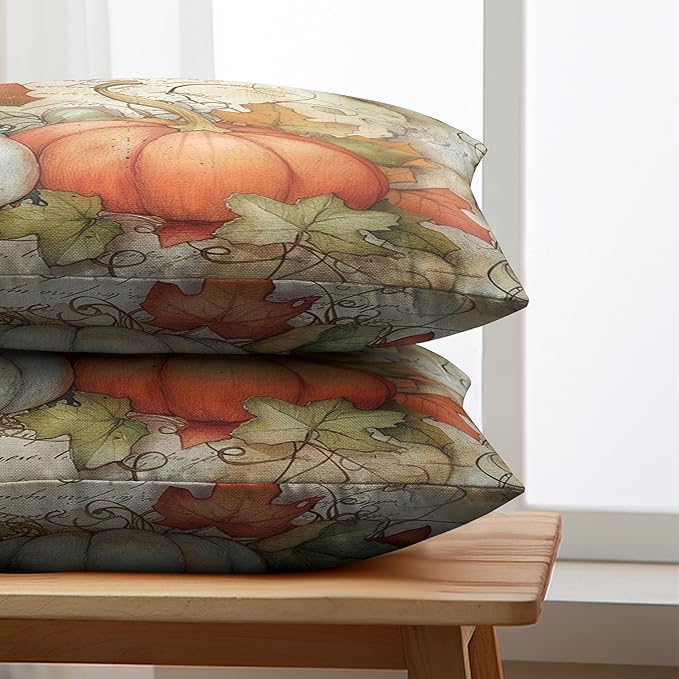 Fall Outdoor Lumbar Pillow Covers 12x20 Watercolor White Orange Pumpkin with Maple Leaves Rectangle Pillow Case Set of 2 Autumn Waist Cushion Case for Couch Patio Bench
