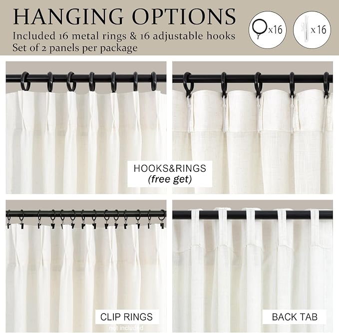 Extra Wide 60 Inch Wide Pinch Pleated Curtains 96 Inch Length 2 Panel for Living Room Bedroom Large Window Thick Linen Sheer Boho Ivory Cream Curtain Light Filtering Pleat Drape Hooks Rings 60x96 Long