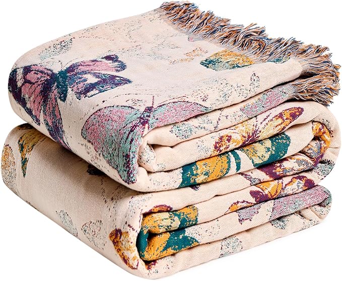 MSGKV Boho Throw Blanket for Couch Cotton Butterfly Blanket 50"x60" Sofa Chair Blankets All Seasons Muslin Summer Breathable Lightweight Farmhouse Blankets Home Decor