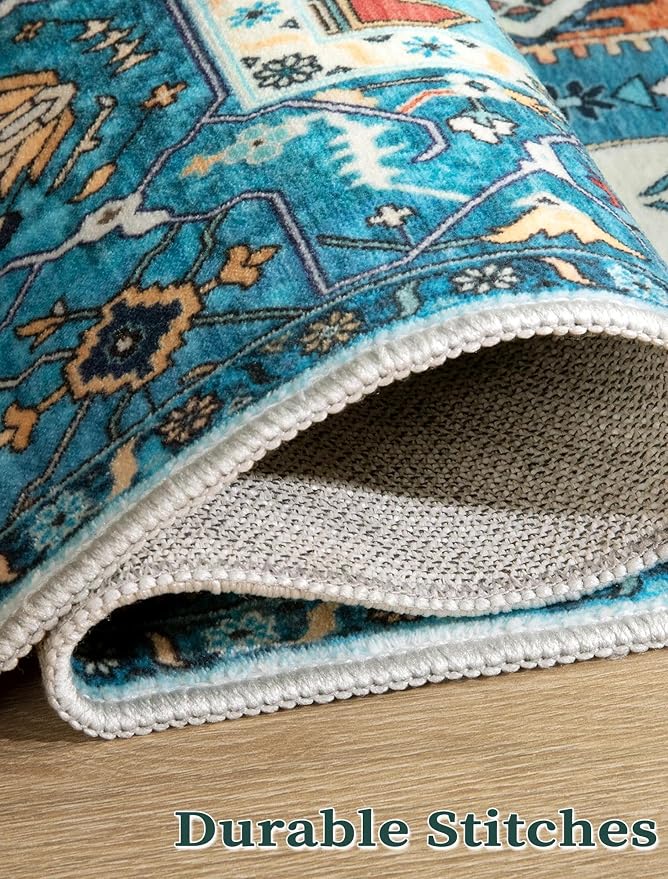 SERISSA Runner Rug for Hallways, 2'6"x16' Washable Non Slip Kitchen Runner Rug, Extra Long Boho Rug Ultra Soft Vintage Blue Print Floor Carpet for Bedroom Hallway Entryway Bathroom Laundry Room