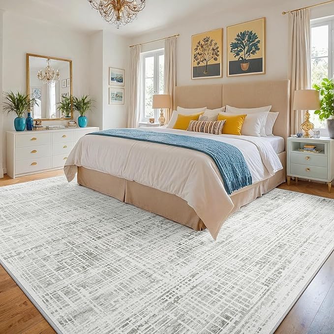 6x9 Area Rugs Washable Rug: Anti-Skid Abstract Modern Living Room Rug Soft Thin Carpets Indoor Floor Non-Shedding Carpet for Bedroom Dining Farmhouse Nursery Home Office (White Gray, 6'x9')